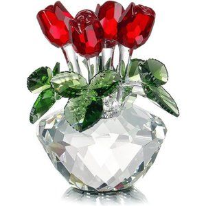 Red Rose Figurine Ornament Spring Bouquet Crystal Glass Flowers Gift-Boxed